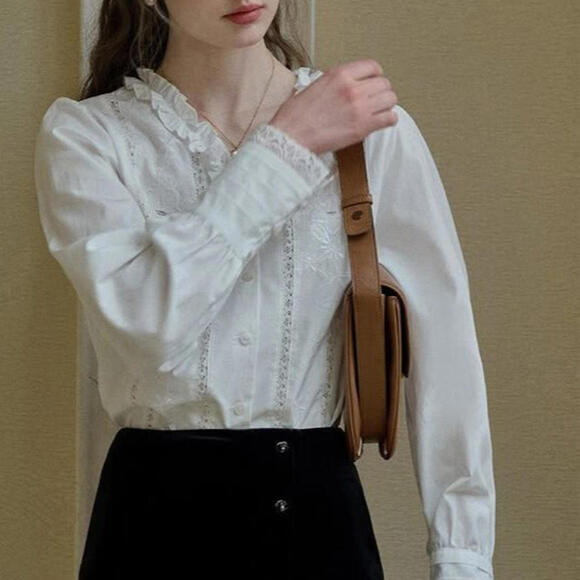 Simple Retro Faith‎ Lace Patchwork Embroidered Off White L Cottagecore Blouse - Picture 3 of 10